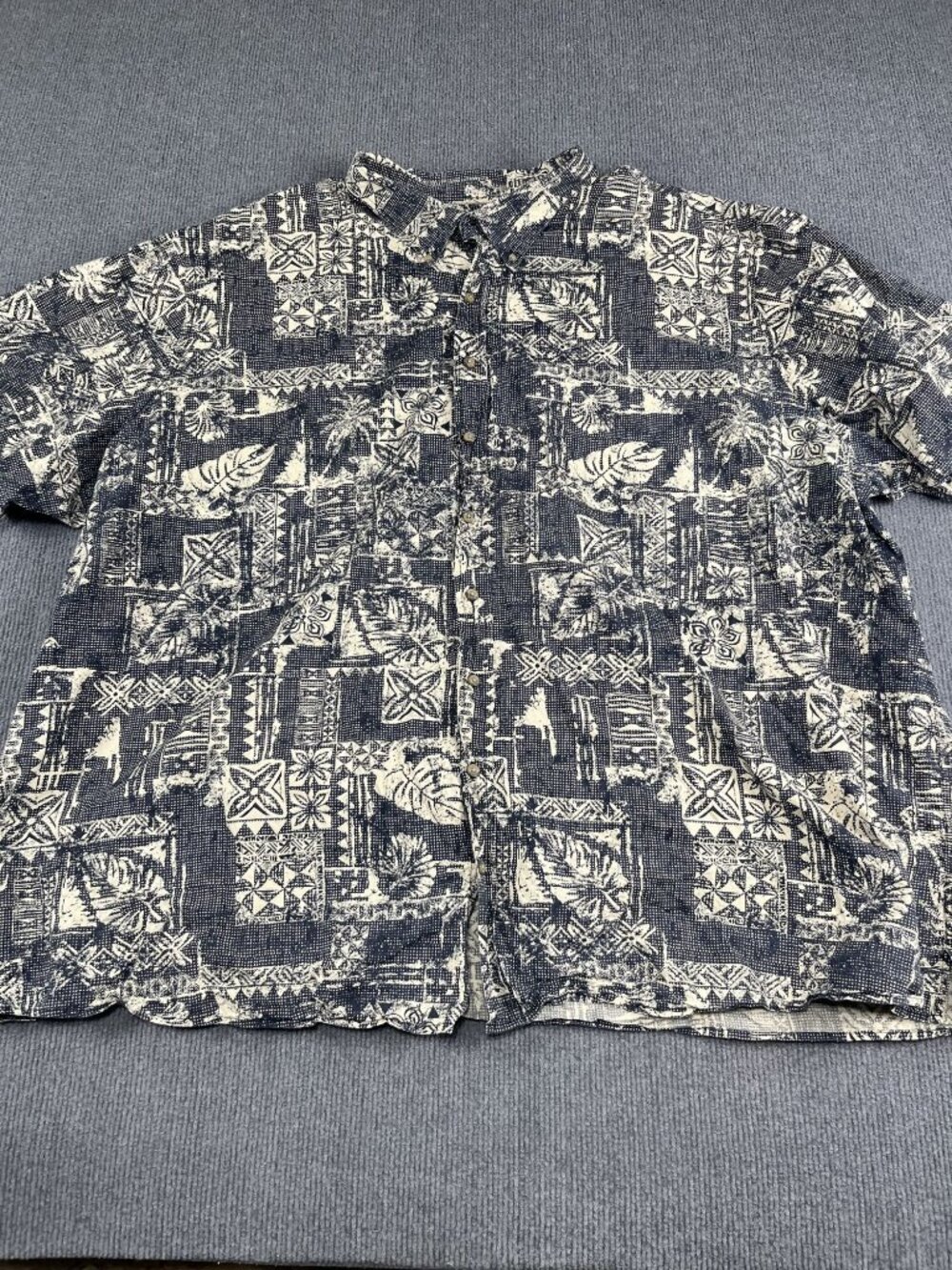 Harbor Bay 5XL Mens Hawaiian Print Button-Down Shirt Navy & Cream Short Sleeve